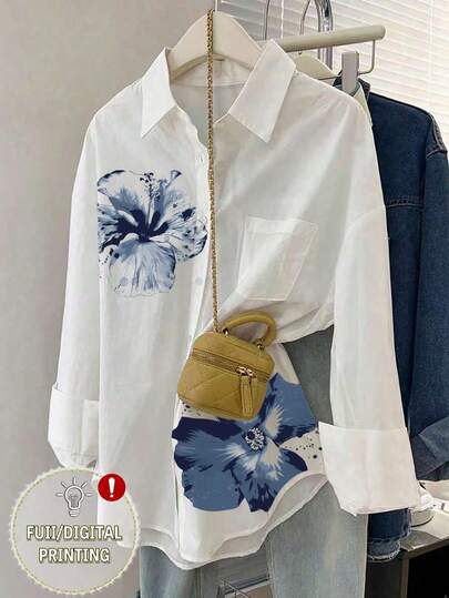 Resyla Women's Floral Pattern Casual Drop Shoulder Long Sleeve Front Button Shirt