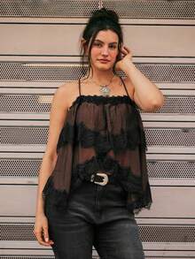 Freevana 大码蕾丝拼接性感度假夏季吊带背心，适合外出、街头风、度假、机场早午餐等场合，波西米亚复古风，情人节必备 - 咖啡棕 - 查看 8