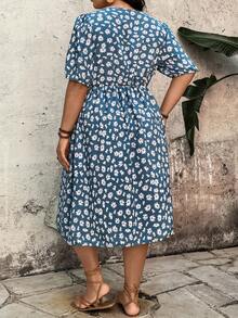 Breezaya 大码女式优雅印花V领短泡泡袖长款度假连衣裙，夏季女式长裙套装 - 藍色 - 查看 2