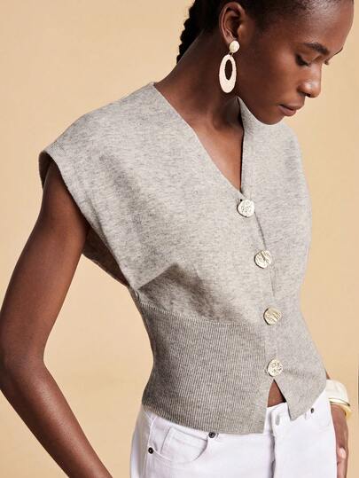 Travachic Women's V-Neck Metal Single-Breasted Casual Knit Top,Vacation Casual Terno Outfit For Women,Summer Holiday Outfits,Spring Break Outfits,Party Outfit,Beach Outfit,Spring Clothing,Valentine's Day,Valentine Outfits For Women,Carnival Costume,Elegant,Floral,Carnival,Spring To Summer ,Party ,Summer Tops,Valentine's Day Tops,Wedding Guest Tops For Women,Birthday Tops,Party Tops,Elegant Tops For Women,Floral Tops,Summer Tops,Carnival Costume, Mexican Style Tops Women Boho Tops For Women