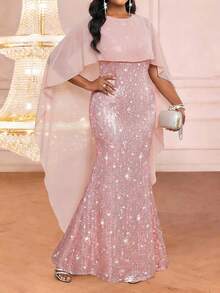 SHEIN Lady 女士纯色简约日常斗篷袖连衣裙，圣诞节、新年、情人节皆宜，优雅女装 - 粉色 - 查看 5