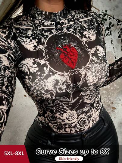 SHEIN CURVE+ Plus Size Graphic Mesh Print Crew Neck Long Sleeve Elegant Vintage Punk Goth Casual Vacation Mesh Print Blouse For Women