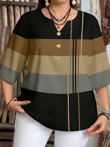 EMERY ROSE Plus Size Women Summer Casual Vacation Colorblock Striped Print Notch Neck Loose Blouse - Multicolor - View 4