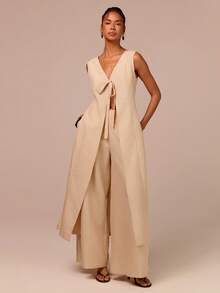 COSMINA Women's Elegant Deep V-Neck Sleeveless 2 Pieces Set, Versatile For Commuting, Outings, Bohemian, Soft, Wedding Guest - Apricot - View 3