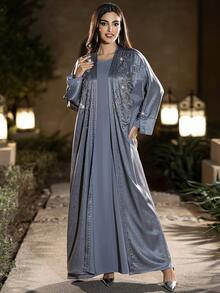 Layrah Elegant Silver-Gray Glossy Textured Fabric Handmade Rhinestone Embellished Abaya - Grey - View 8