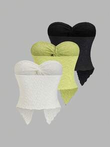 Sweetra 3件套女士夏季休闲度假简约纯色纹理面料扭结前片露脐上衣 - 彩色 - 查看 3