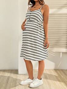 SHEIN 孕妇条纹纽扣设计吊带哺乳连衣裙 - 杏色 - 查看 3