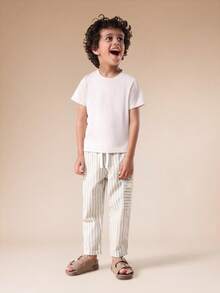 SUMWON 男童条纹工装裤，侧边口袋，宽松版型，休闲春夏裤装，卷边裤脚 - 綠色 - 查看 3