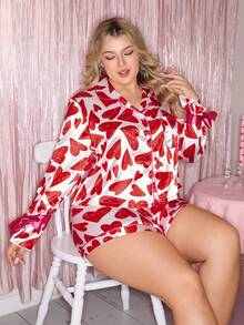 Slumberry CURVE Conjunto de ropa de dormir con moño en forma de corazón para el Día de San Valentín, conjunto de ropa de dormir con corazones de color contrastante, elegante y romántico conjunto de ropa de dormir estilo francés para mujer de talla grande - Rojo y blanco - Ver 4