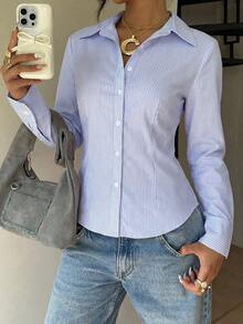 SHEIN EZwear 女士秋季新款条纹收腰修身休闲长袖衬衫 - 淺灰紫 - 查看 2