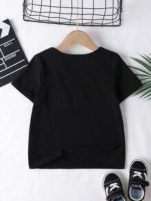 SHEIN Young Boys' Casual Minimalist Round Neck T-Shirt, Suitable For Summer, Classic Cool Street Style Cartoon CHICKEN BANANA, Graphic Text Print, Y2K - Black - View 4
