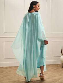 Lilora Women's Elegant Mint Green V-Neck Maxi Dress Long Batwing Sleeve Ruched Flared Hem Flowy Chiffon Gown - Mint Green - View 1