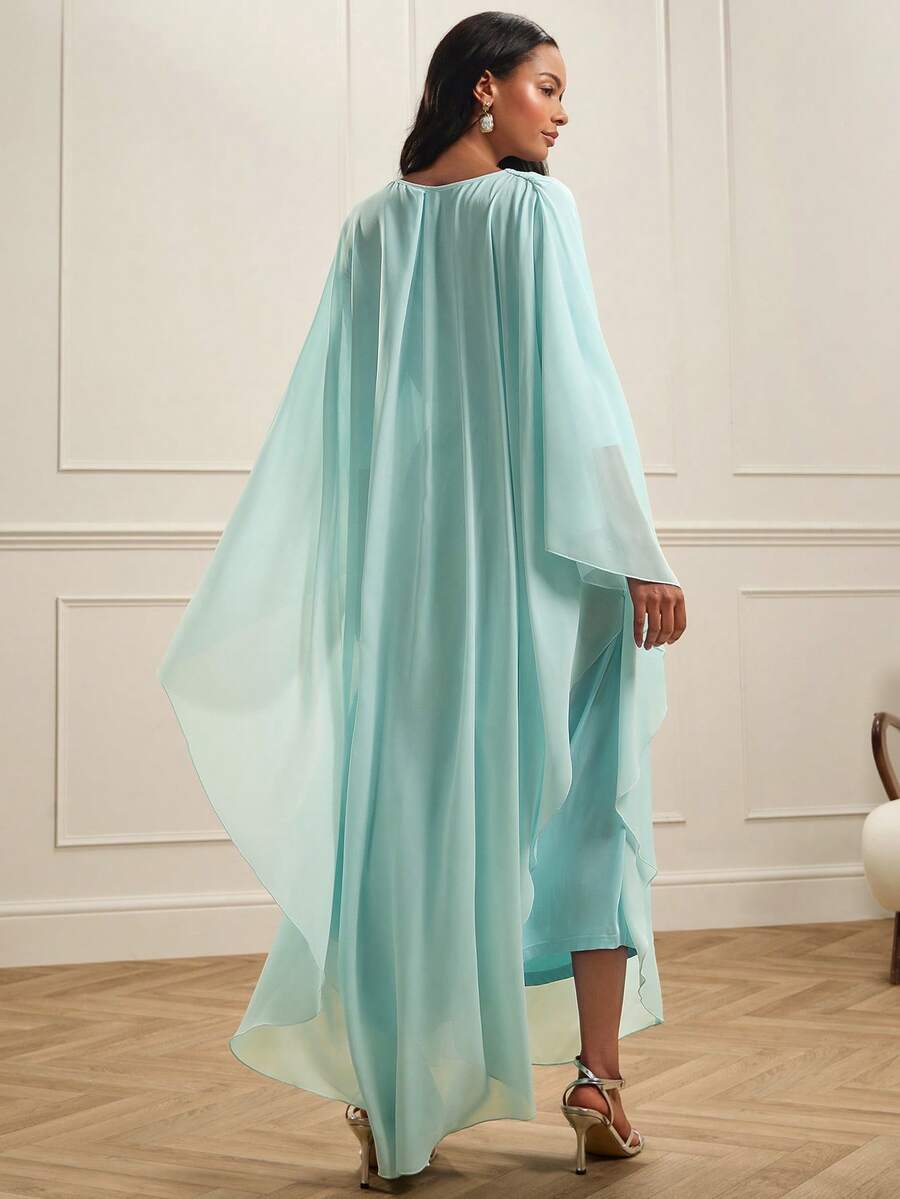 Lilora Women's Elegant Mint Green V-Neck Maxi Dress Long Batwing Sleeve Ruched Flared Hem Flowy Chiffon Gown - Mint Green - View 1