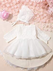 SHEIN 女婴洗礼服，圣诞蕾丝公主裙，配同款蕾丝帽，女婴摄影服装 - 白色 - 查看 8