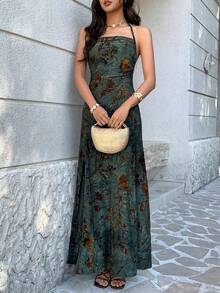 EastFlair Women's Halter Tie-Up Backless Jacquard Slit Design Elegant Waist-Cinched Long Party Dress,Summer Dresses For Women,Summer Outfits ,Summer Holiday Outfits ,Valentine's Day ,Beach Outfit,Going Out Outfits ,Valentine's Day Dress,Party Dresses For Women,Elegant Party Dresses ,Beach Dress,Wedding Guest Dress For ,Elegant Dress For Women Women,Casual Dresses For Women,Casual Long Dresses ,Green Dress - Green - View 4