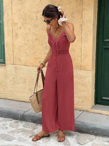 Serisse Women's Solid Color Backless Ruffle Trim Casual Jumpsuit - Redwood - View 2