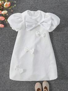 Young Girl' Summer Jacquard Bow Puff Sleeve Party Dress, White Versatile Elegant Dress White Dress With Bow For Girls Bow Detail Dress Young Girl White Elegant Dress Coquette Ivory Dress For Girls Girl Puff Sleeve Dress - White - View 2