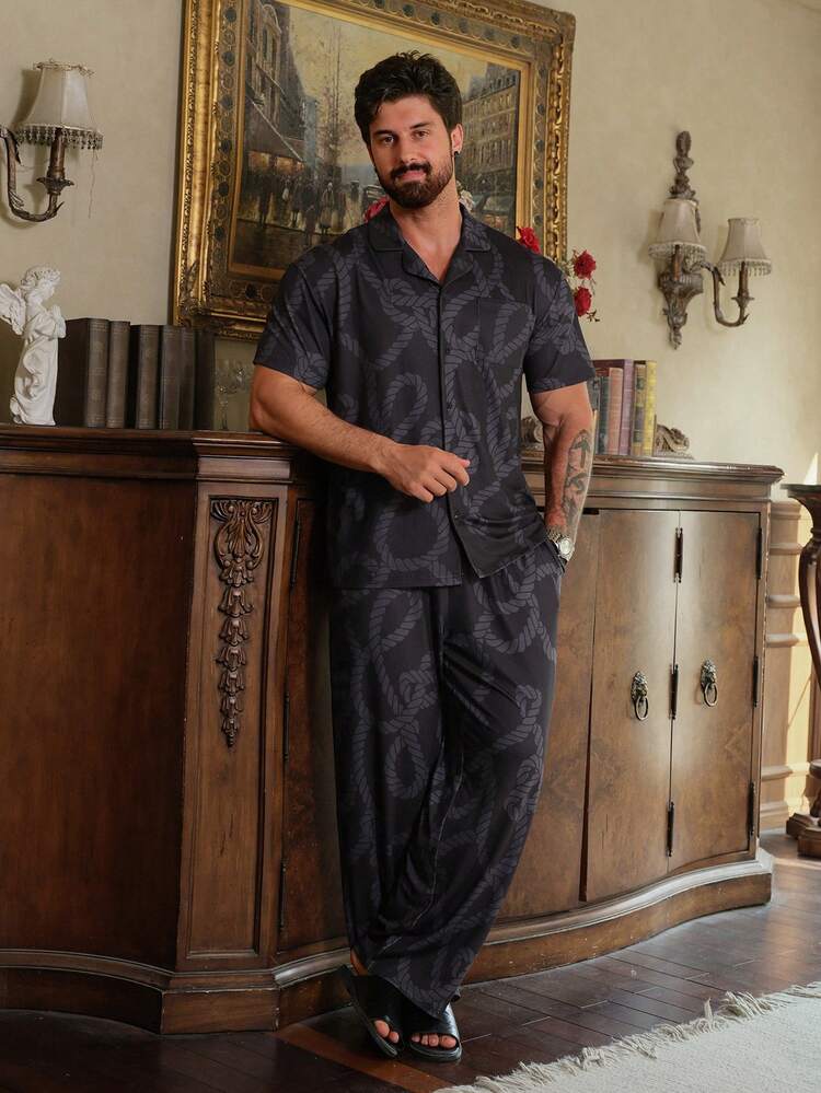 Men's Floral Print Short Sleeve Shirt And Pants Pajama Set, Spring/Summer