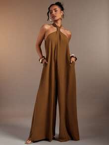 Hauture Women's Sexy Solid Color Backless Halter Neck Loose Jumpsuit - Camel - View 4
