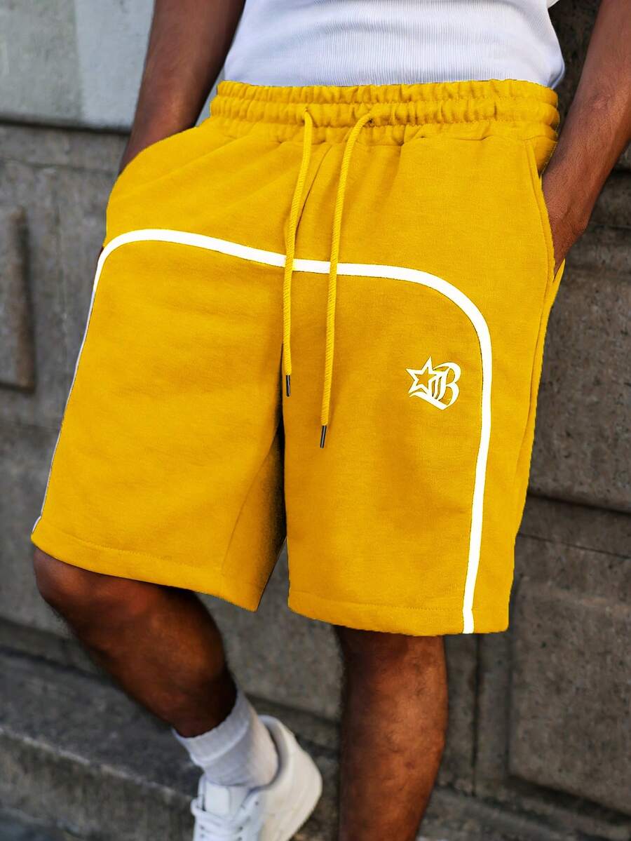 PAVTROS Men's Drawstring Waist Striped Design Slant Pocket Casual Shorts Athletic Shorts Yellow Shorts Men's Streetwear Shorts Yellow Men Shorts Drawstring Shorts - Yellow - View 1
