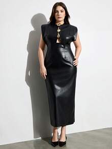Aveloria Modichic Elegant Sexy Solid Color Hollow Metal Buckle Decor Waist Exaggerated Shoulder Plus Size Women Long Dress - Black - View 5
