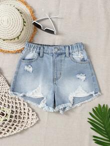 Tween Girls Y2K Style Jeans, Vintage Light Wash Distressed, Ripped, Frayed, Relaxed Fit, Soft & Comfortable Fabric, & Versatile, Girls Denim - Light Wash - View 2