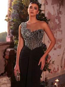 Glamrae Chân váy đuôi cá xếp ly co giãn, sang trọng, đính cườm và sequin họa tiết hoa, thích hợp cho đám cưới, tiệc tùng, kỳ nghỉ, dạ hội, trang phục trang trọng (được trang trí cầu kỳ). - màu đen - Xem 1