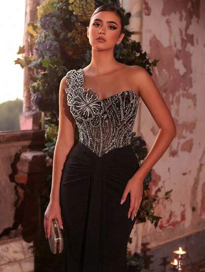 Glamrae Falda de sirena elástica con diseño floral de cuentas y lentejuelas, elegante y lujosa, adecuada para bodas, fiestas, vacaciones, galas, vestidos de gala (muy adornada)