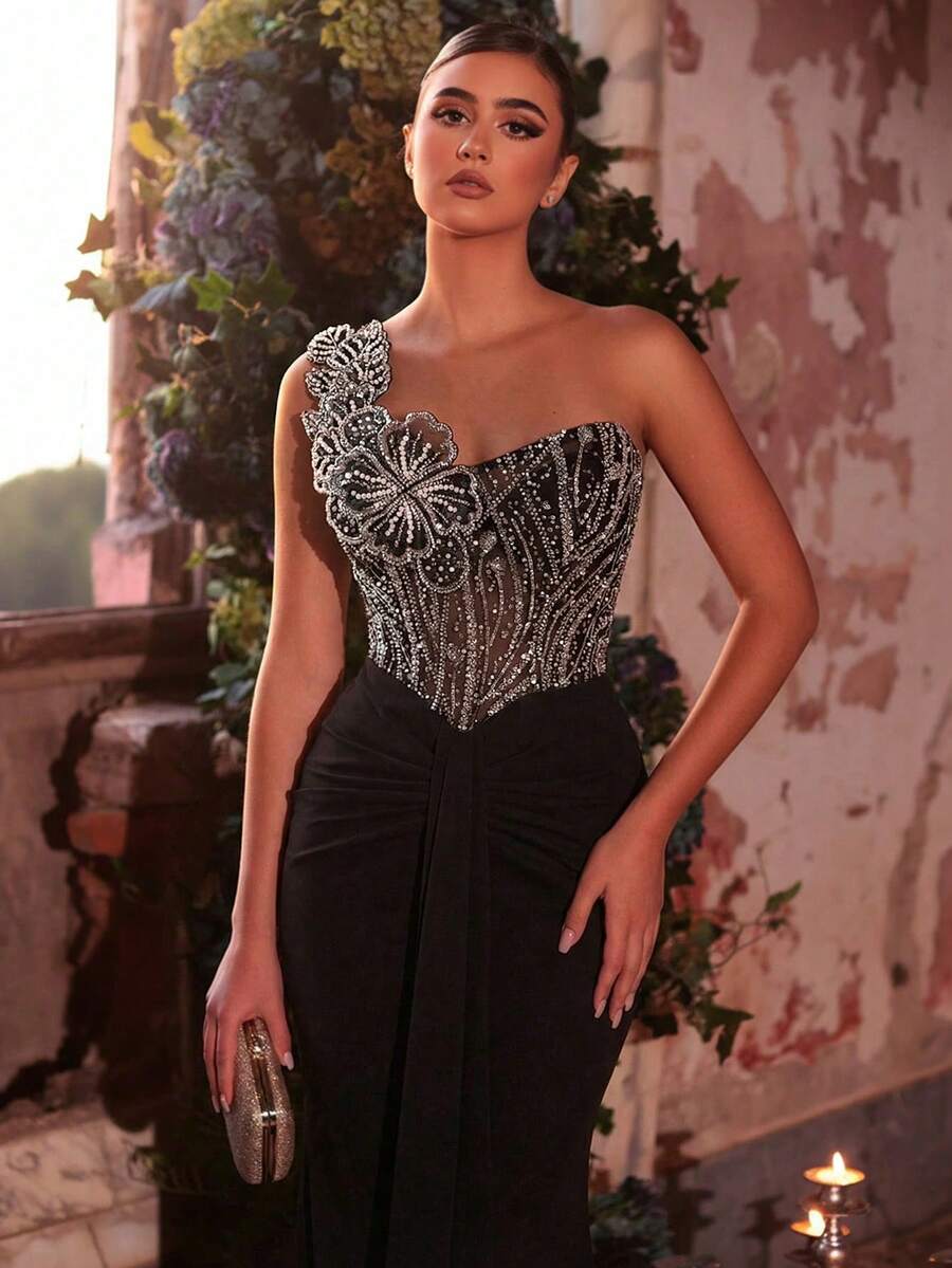 Glamrae Chân váy đuôi cá xếp ly co giãn, sang trọng, đính cườm và sequin họa tiết hoa, thích hợp cho đám cưới, tiệc tùng, kỳ nghỉ, dạ hội, trang phục trang trọng (được trang trí cầu kỳ). - màu đen - Xem 1
