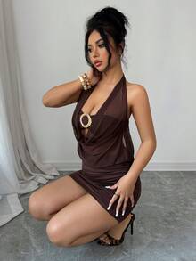 Gloray Dark Brown Summer 70s Night Out Party Women Semi-Sheer Deep V-Neck Spaghetti Strap Hollow Back Ruffle Mini Dress,Metal Decorative Beach Outfit - Brown - View 6