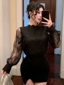 DAZY Lace Puff Sleeve Sheer Blouse, Elegant Loose Fit Versatile Women's Shirt - Black - View 7