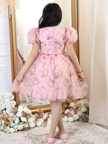 Vestido ajustado con cuello en V, mangas abullonadas y estampado floral para niña preadolescente - Rosa Pálido - Ver 4