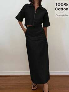 Siren Gaze 2pcs/Set Women Solid Color Short Sleeve Zip Up Cropped Top & Skirt Women Summer Clothing Women Summer Sets Woman S Summer Clothes Women Plus Clothing Business Casual Women Plus Clothing Formal Cotton 2 Pieces Set Women Two Pieces Skirt Set Women 2 Pieces Casual Set Women Zip Up 2 Pieces Set Shirt And Skirt Set Black - Black - View 6