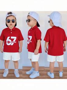 SHEIN 2pcs/Set Young Boys' Contrast Color 67 Letter Patchwork Polo Shirt & White Cargo Shorts, Casual School Style, Comfortable & Versatile Fabric, Suitable For Daily Wear, Outings, Outdoor, Holidays, Beach Vacations, Spring/Summer - Multicolor - View 3