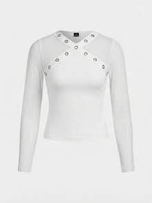 Maija Black V-Neck Eyelet Design Metal Decor Mesh Patchwork Fitted Waist Long Sleeve Top, Versatile For Urban Chic, Autumn/Winter - White - View 2