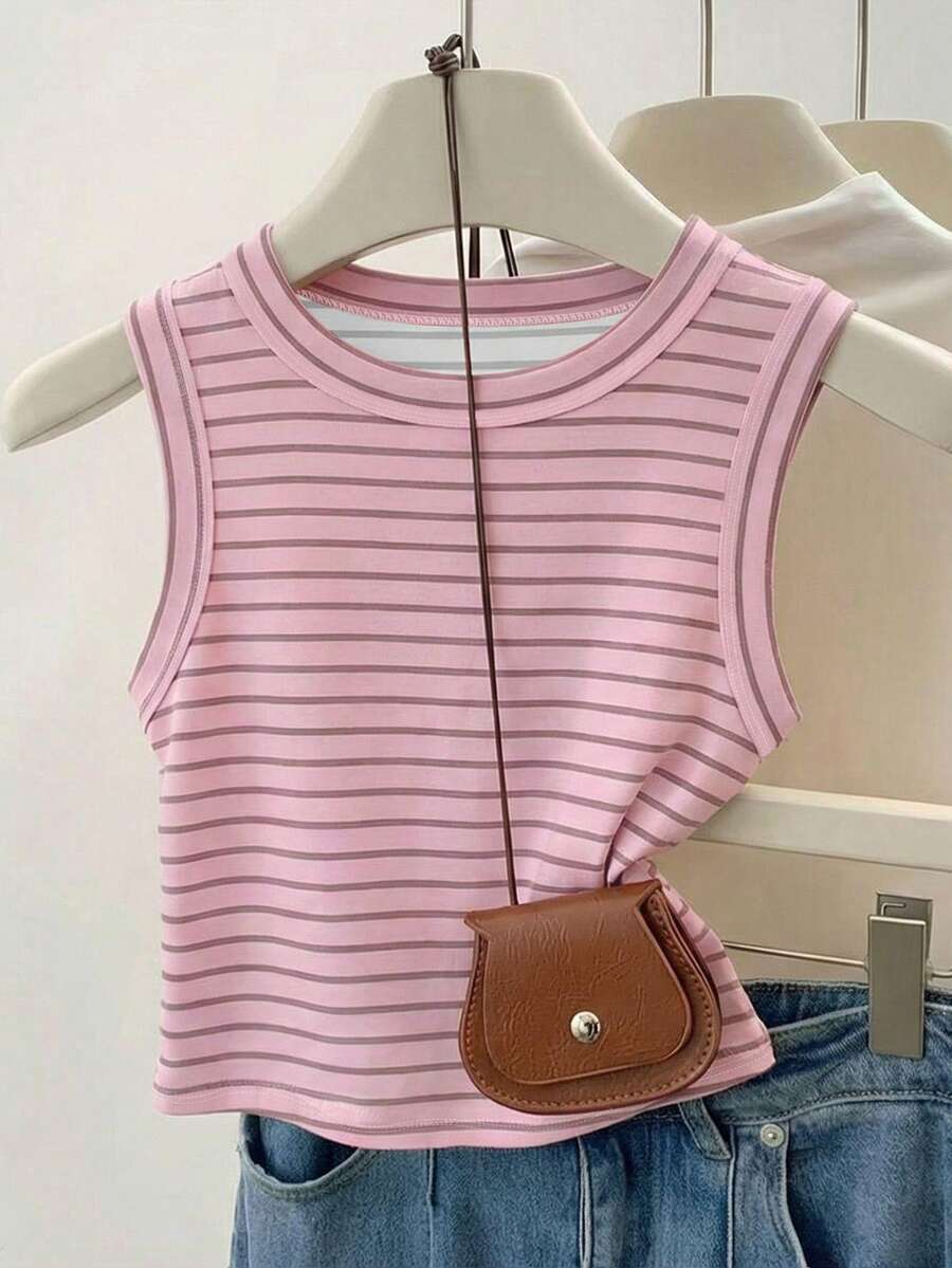 Resyla Summer Casual Pink Striped Print Tank Top - Pink - View 1