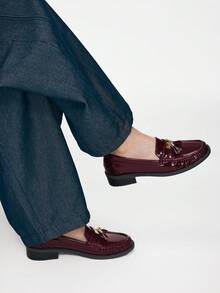 Mnmlis Women's Fashion Versatile Commuting Burgundy Flat Loafers, Retro British Style Fringe Flat Shoes - Burgundy - View 7