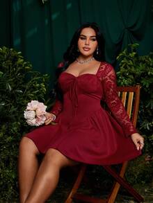 Roveilla Plus Size Women Vintage Holiday Lace Long Sleeve Princess Tulle Mini Dress, Sexy Party Cocktail Dress, Suitable For Spring, Autumn, Holiday Party, New Year, Valentine's Day, Wine Red Bodycon Dress, Sweetheart Neck Bodycon Dress, Suitable For Spring, Summer, Autumn - Burgundy - View 6