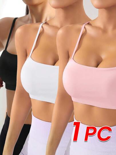 SHEIN Sovereign Charm Sostén deportivo minimalista de un solo color, con tirantes delgados, para uso casual diario de las mujeres