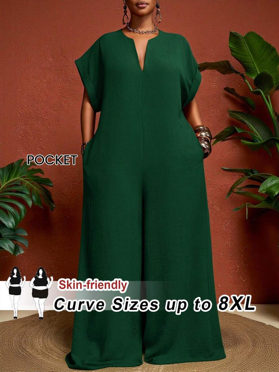 SHEIN CURVE+ Curve 尺码 US22 音乐节、海滨度假、波西米亚风 2026 女士新款夏季简约优雅复古 VL 领绿色短袖阔腿连体裤 - 墨綠色 - 查看 1