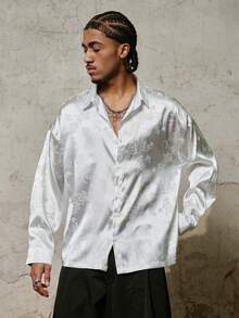 PAVTROS 男士缎面提花宽松长袖衬衫 - 白色 - 查看 1