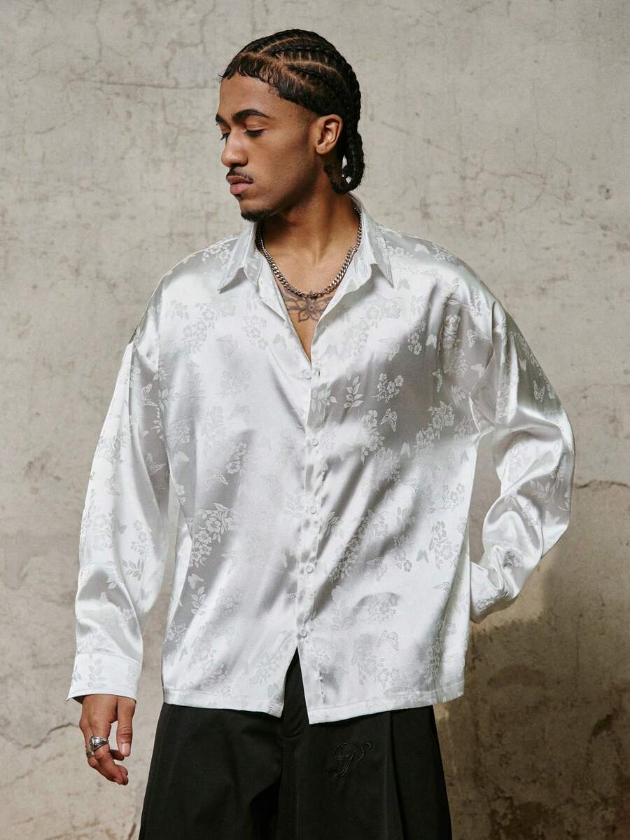 PAVTROS 男士缎面提花宽松长袖衬衫 - 白色 - 查看 1