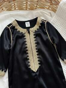 男婴/女婴传统编织边饰圆领长袖连体衣，休闲百搭 - 黑色 - 查看 3