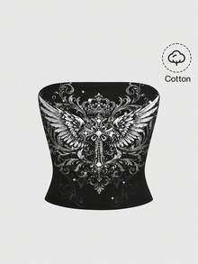 ROMWE Grunge Punk 暗黑朋克音乐节藤蔓翅膀露脐女式上衣 - 黑色 - 查看 1