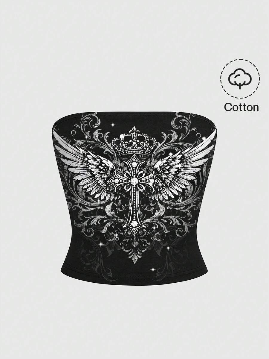 ROMWE Grunge Punk 暗黑朋克音乐节藤蔓翅膀露脐女式上衣 - 黑色 - 查看 1