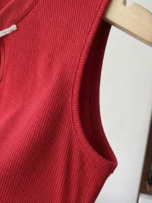 Franclia 女士立领珍珠纽扣无袖紧身背心，纯色 - 紅色 - 查看 7