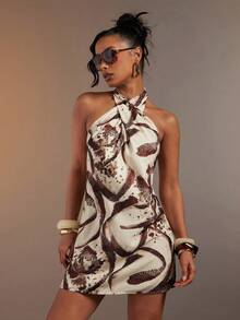 Hauture 女士性感抽象动物纹斑马棕色印花亚麻交叉吊带迷你连衣裙 - 彩色 - 查看 1