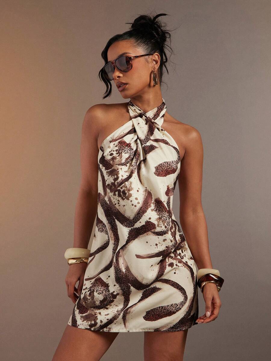 Hauture 女士性感抽象动物纹斑马棕色印花亚麻交叉吊带迷你连衣裙 - 彩色 - 查看 1