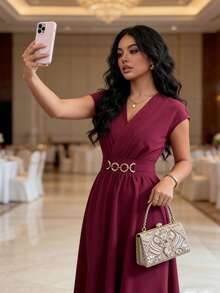 Rafferiza 女士优雅V领蝙蝠袖收腰喇叭裙摆连衣裙，樱桃红，春夏款 - 酒紅色 - 查看 5