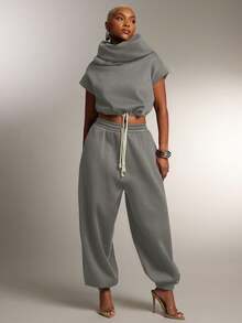 Denimoi 低裆宽松运动裤 时尚街头风 舒适下装 日常休闲服 - 灰色 - 查看 3